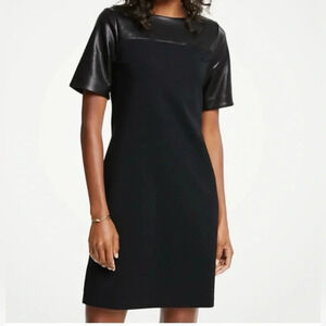 ANN TAYLOR VEGAN LEATHER TOP PONTE KNIT MIDI DRESS EXPOSED BACK ZIPPER NWOT